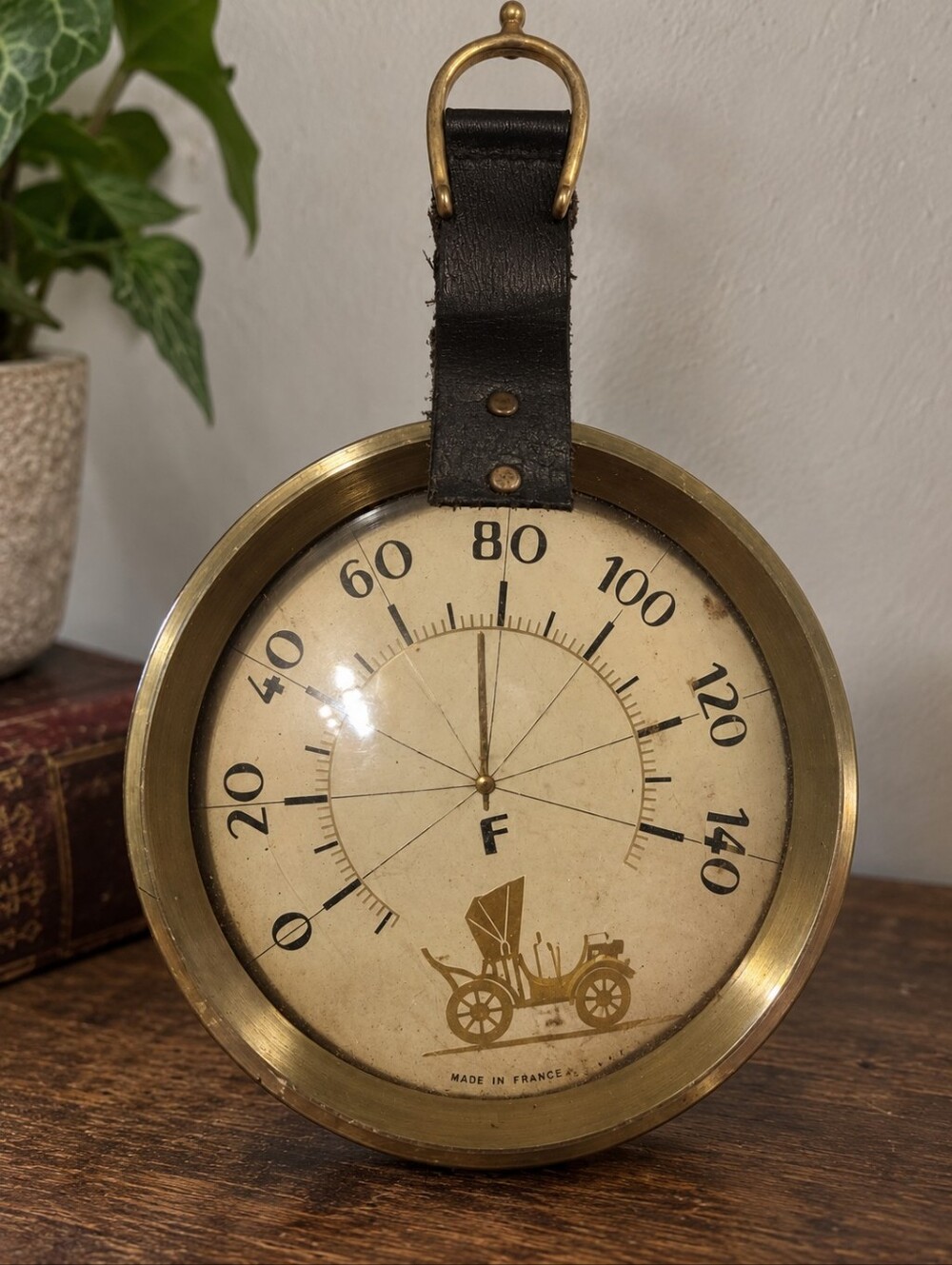 Vintage French Brass Hanging Thermometer–Carriage Design Leather Strap – 10"
